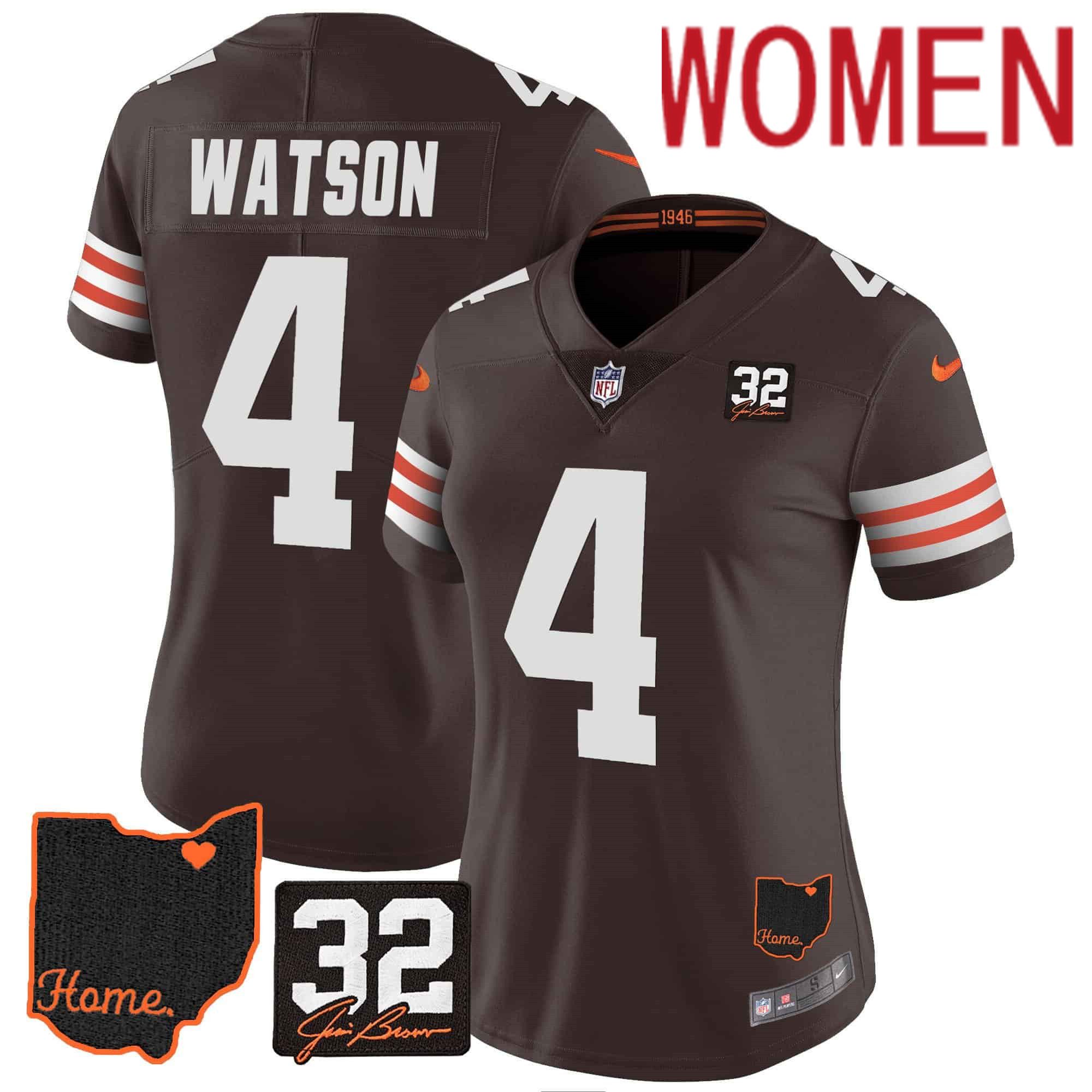 Women Cleveland Browns #4 Watson Brown Memorial Home Patch 2024 Nike NFL Jersey style 1